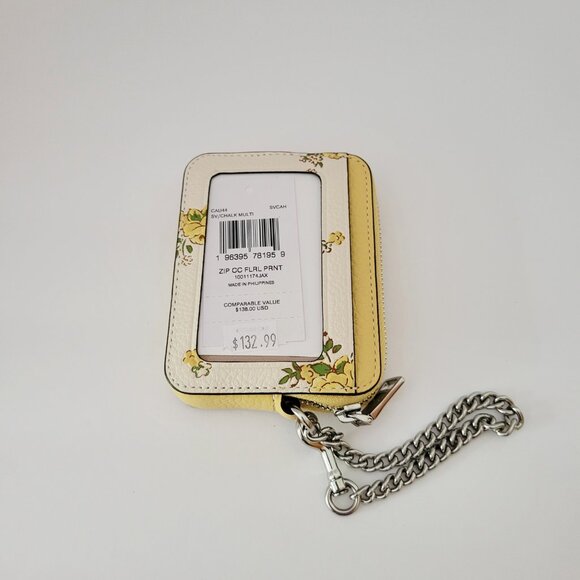 Coach CAU44 Zip Card Case Floral Print Leather Mini Wallet Chalk Multi - Picture 3 of 6